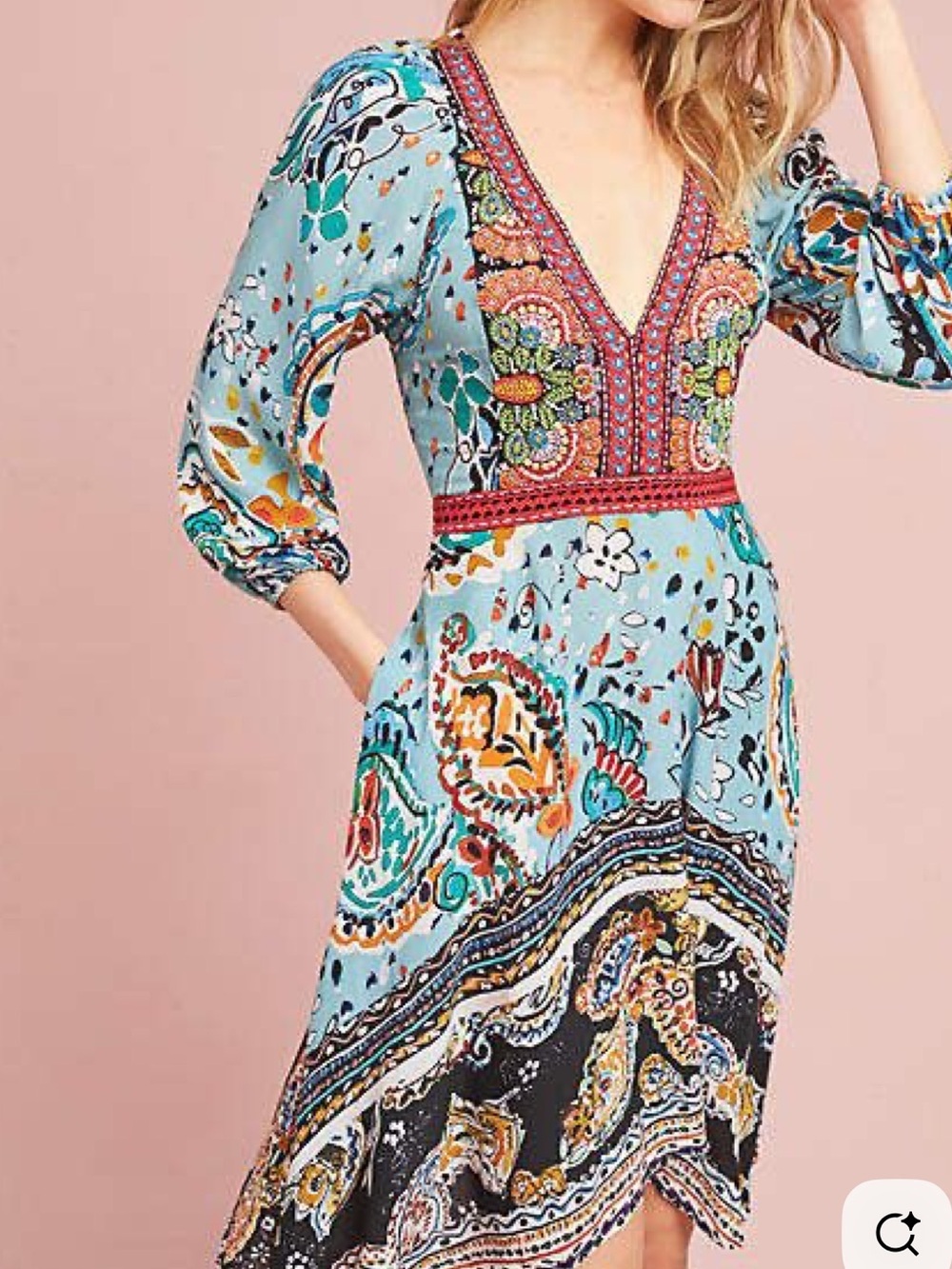 Akemi + Kin Anthropologie Embroidered Beaded Boho Dress Size 10 Blue Floral